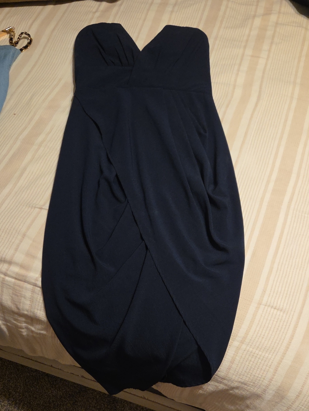 Strapless Navy Blue Draped Cocktail Dress. asymmetrical hem